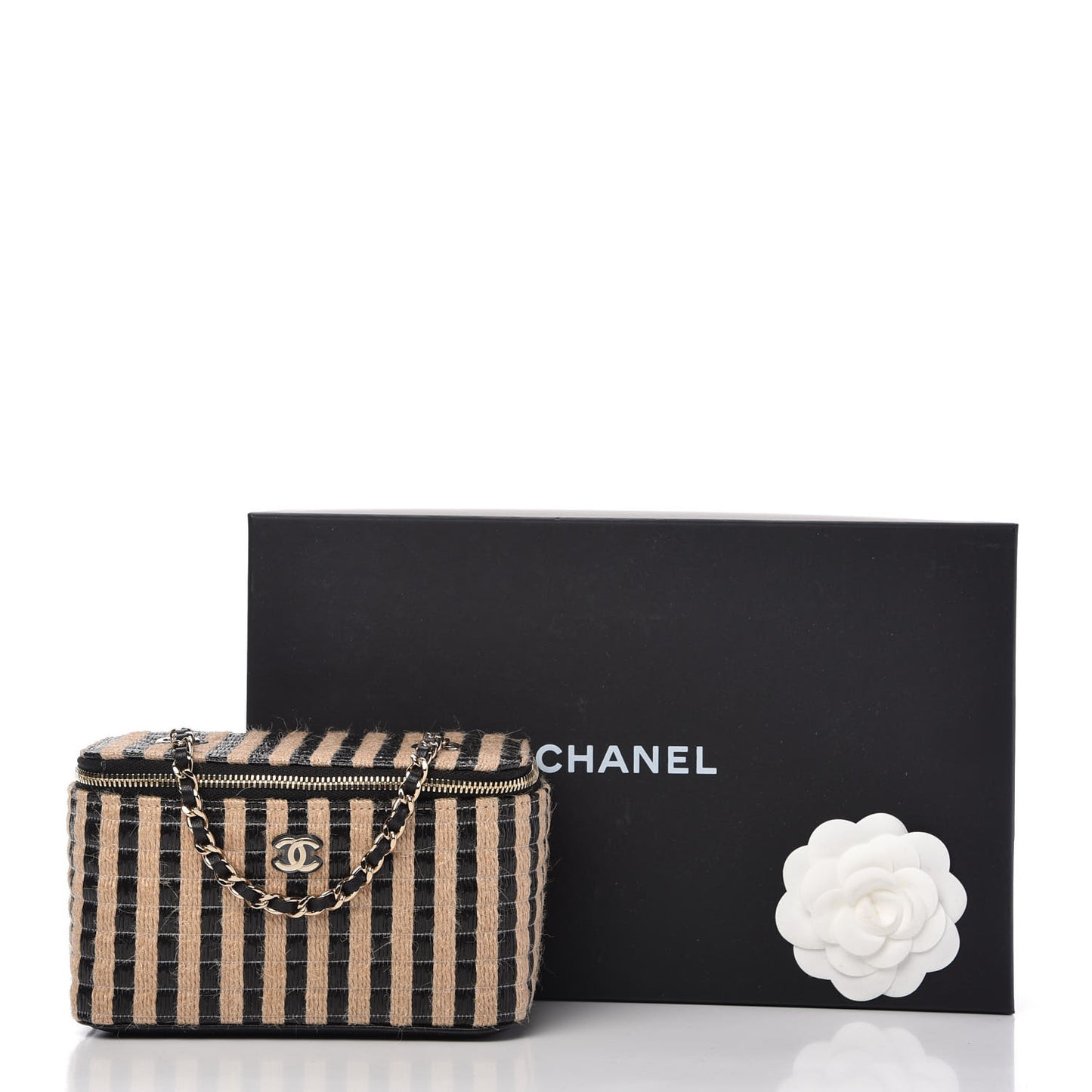 Raffia Jute Striped Small Vanity Case With Chain Black Beige