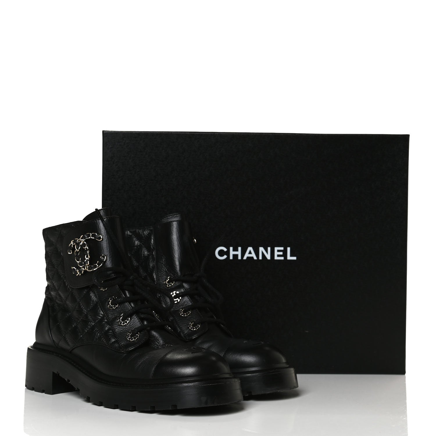 Chanel Shiny Goatskin Calfskin Quilted Lace Up Combat Boots 38 Black 13 of 13