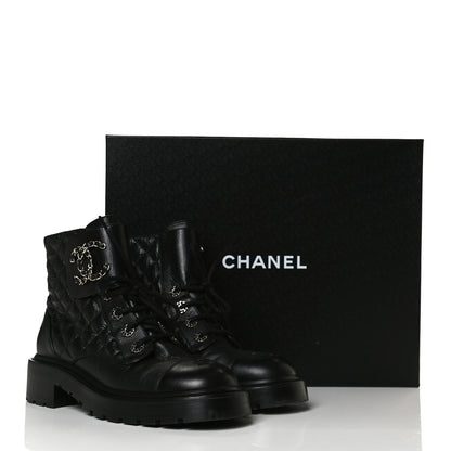 Chanel Shiny Goatskin Calfskin Quilted Lace Up Combat Boots 38 Black 13 of 13