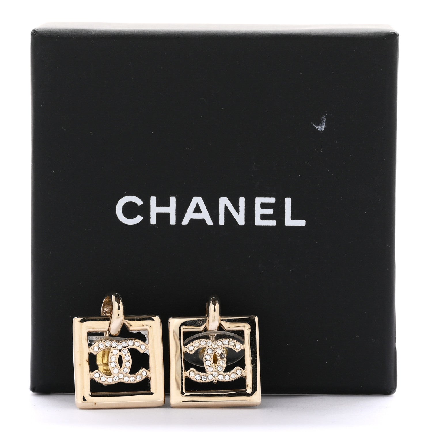 Chanel Metal Crystal Square CC Dangle Earrings Gold 5 of 5