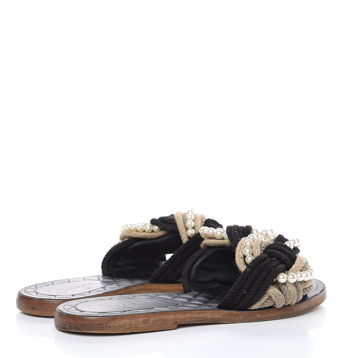 Chanel Lambskin Pearl Cord CC Mules 38 Black Beige 4 of 9