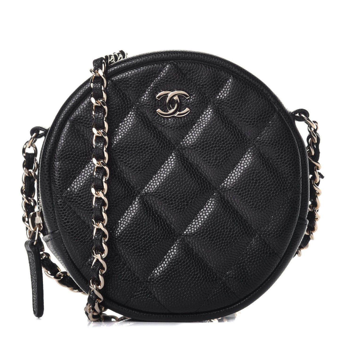 Caviar Quilted Round Clutch With Chain Black