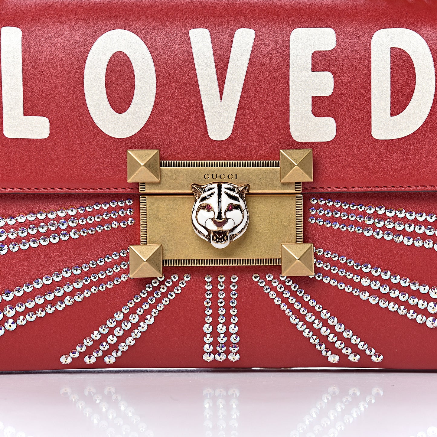 Calfskin Crystal Embellished Loved Shoulder Bag Red
