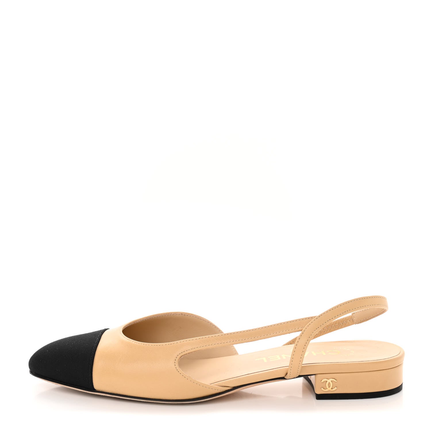 Chanel Goatskin Grosgrain Cap Toe CC Slingback Sandals 37 Beige Black 1 of 15