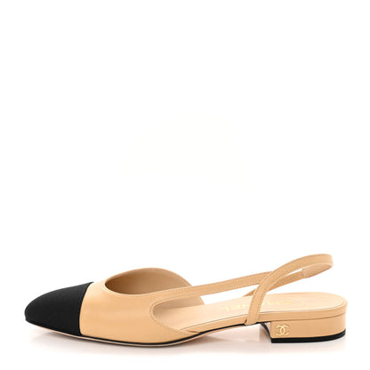 Chanel Goatskin Grosgrain Cap Toe CC Slingback Sandals 37 Beige Black 1 of 15