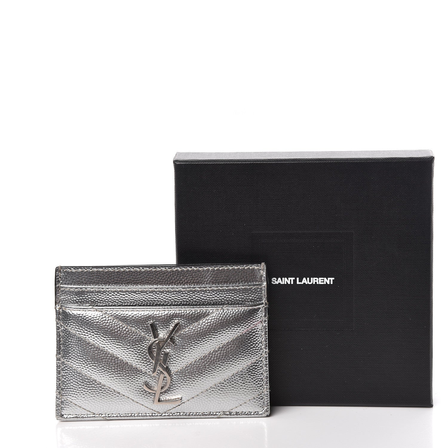 Saint Laurent Metallic Grain De Poudre Matelasse Chevron Monogram Credit Card Case Argento 10 of 12