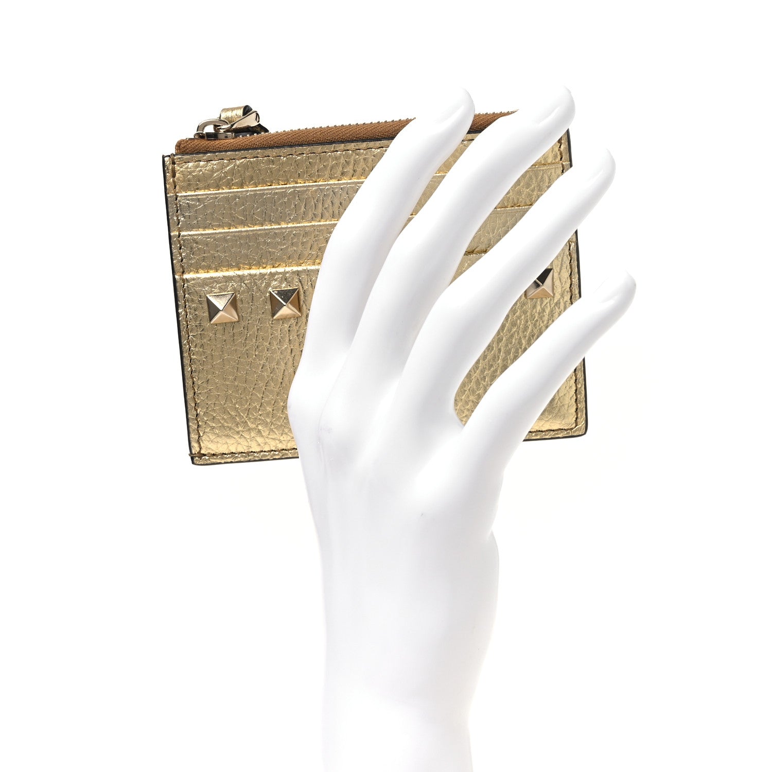 Valentino Garavani Metallic Pebbled Calfskin Rockstud Card Holder With Zipper Gold 3 of 16