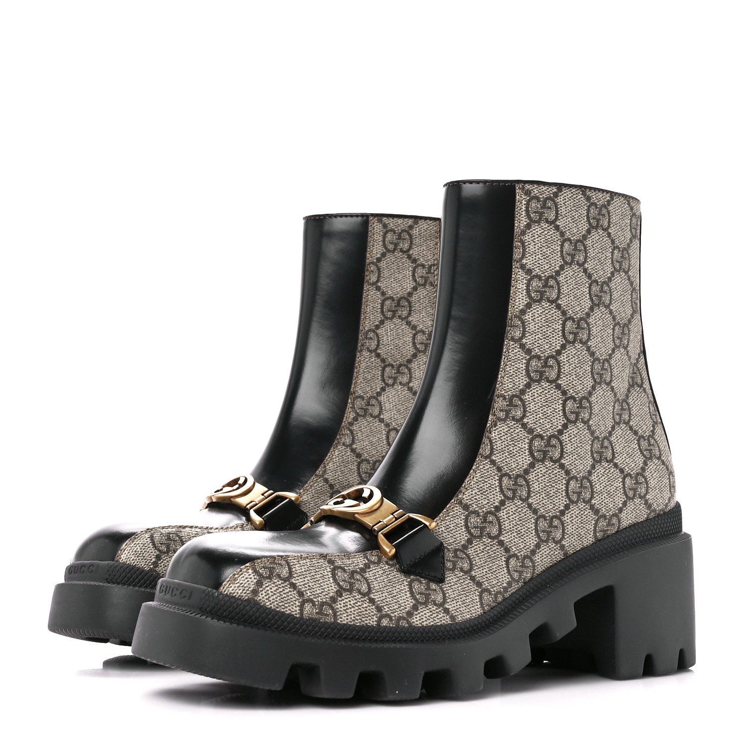 Gucci GG Supreme Monogram Magnum Calfskin Interlocking G Womens Lug Sole Ankle Boots 35.5 Beige Ebony Black 3 of 8