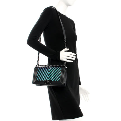 Chanel Calfskin Painted Chevron Embossed Medium Boy Flap Black 2 of 8
