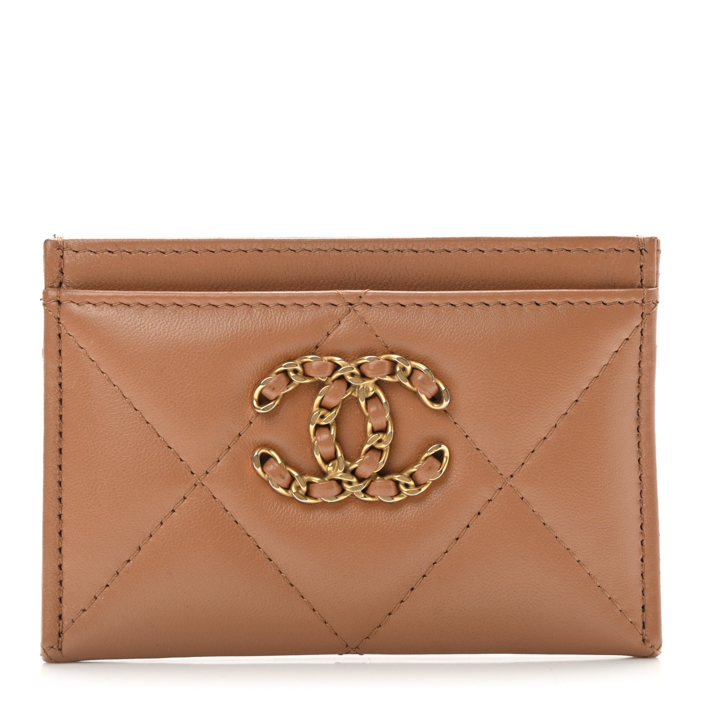 Lambskin Quilted Chanel 19 Card Holder Brown