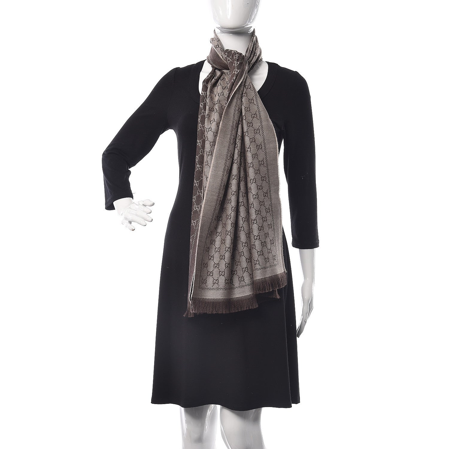 Gucci Wool Jacquard Monogram Fringe Scarf Brown 2 of 4