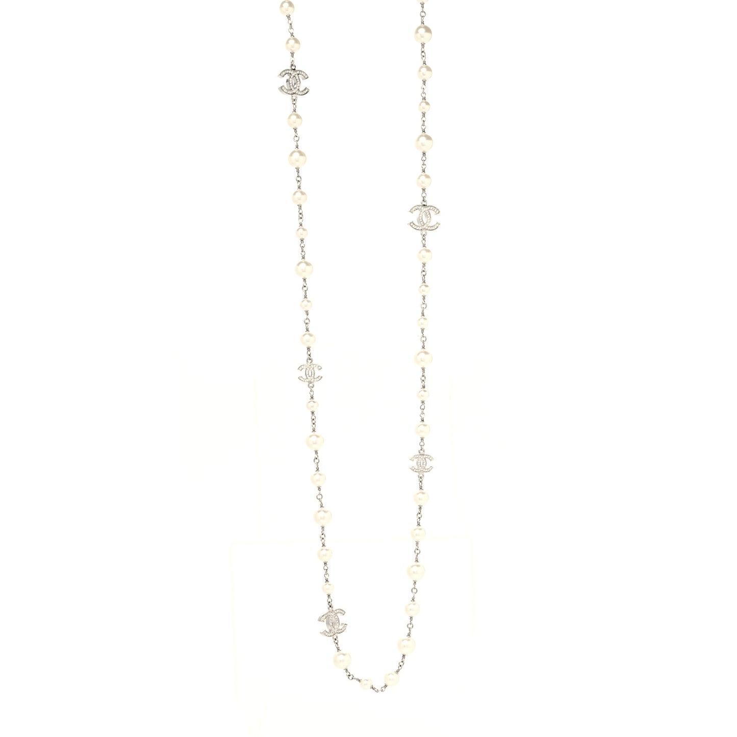 Graduated Pearl Crystal CC Long Necklace Silver