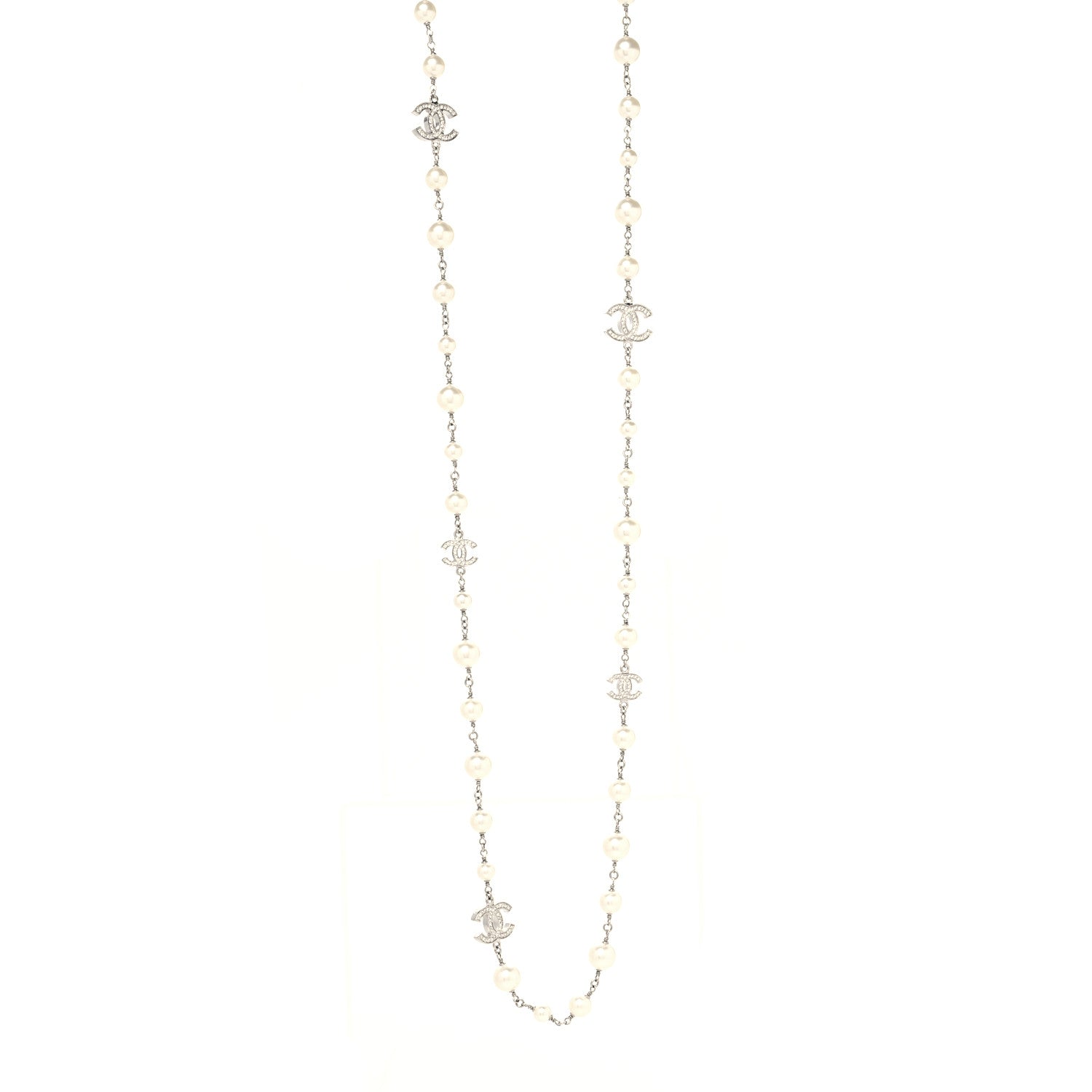 Chanel Graduated Pearl Crystal CC Long Necklace Silver 1 of 5
