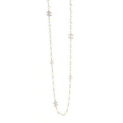 Chanel Graduated Pearl Crystal CC Long Necklace Silver 1 of 5