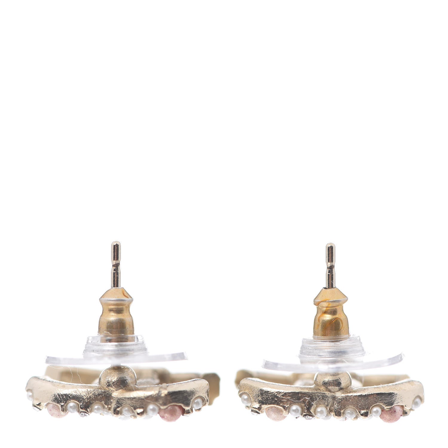 Chanel Pearl Crystal CC Charms Stud Earrings Light Gold Pink 3 of 4