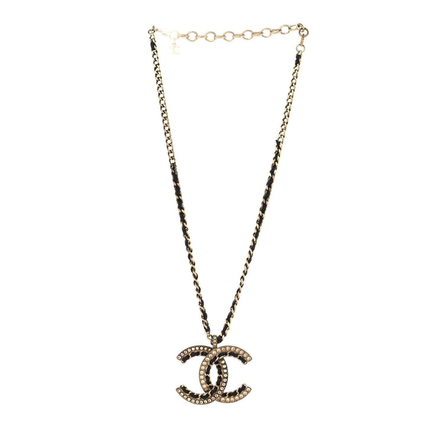 Metal Pearl Crystal Lambskin CC Chain Necklace Gold Black White