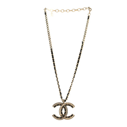 Chanel Metal Pearl Crystal Lambskin CC Chain Necklace Gold Black White 3 of 5