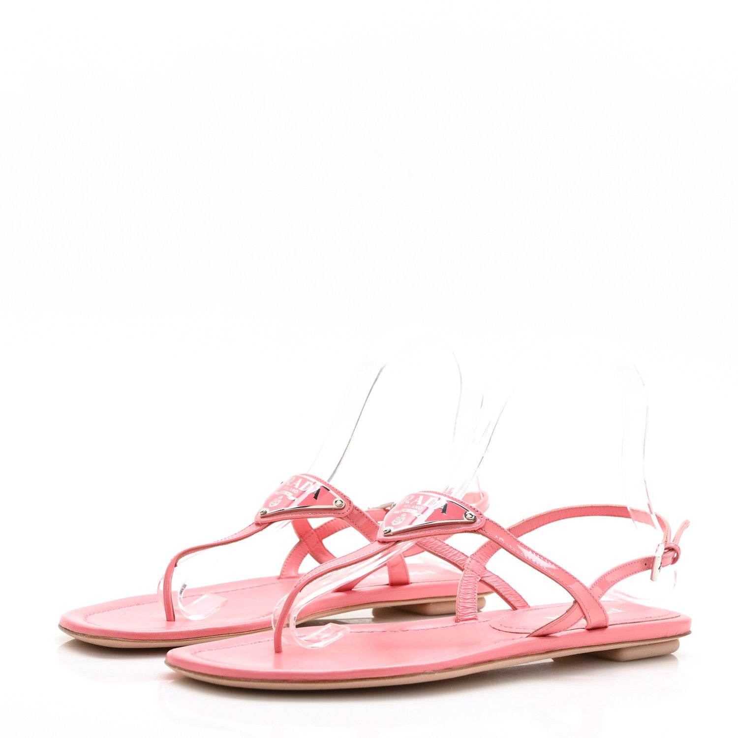 Prada Vernice Metal Triangle Logo Slingback Flat Thong Sandals 38.5 Petalo 3 of 7