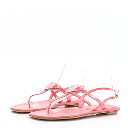 Prada Vernice Metal Triangle Logo Slingback Flat Thong Sandals 38.5 Petalo 3 of 7