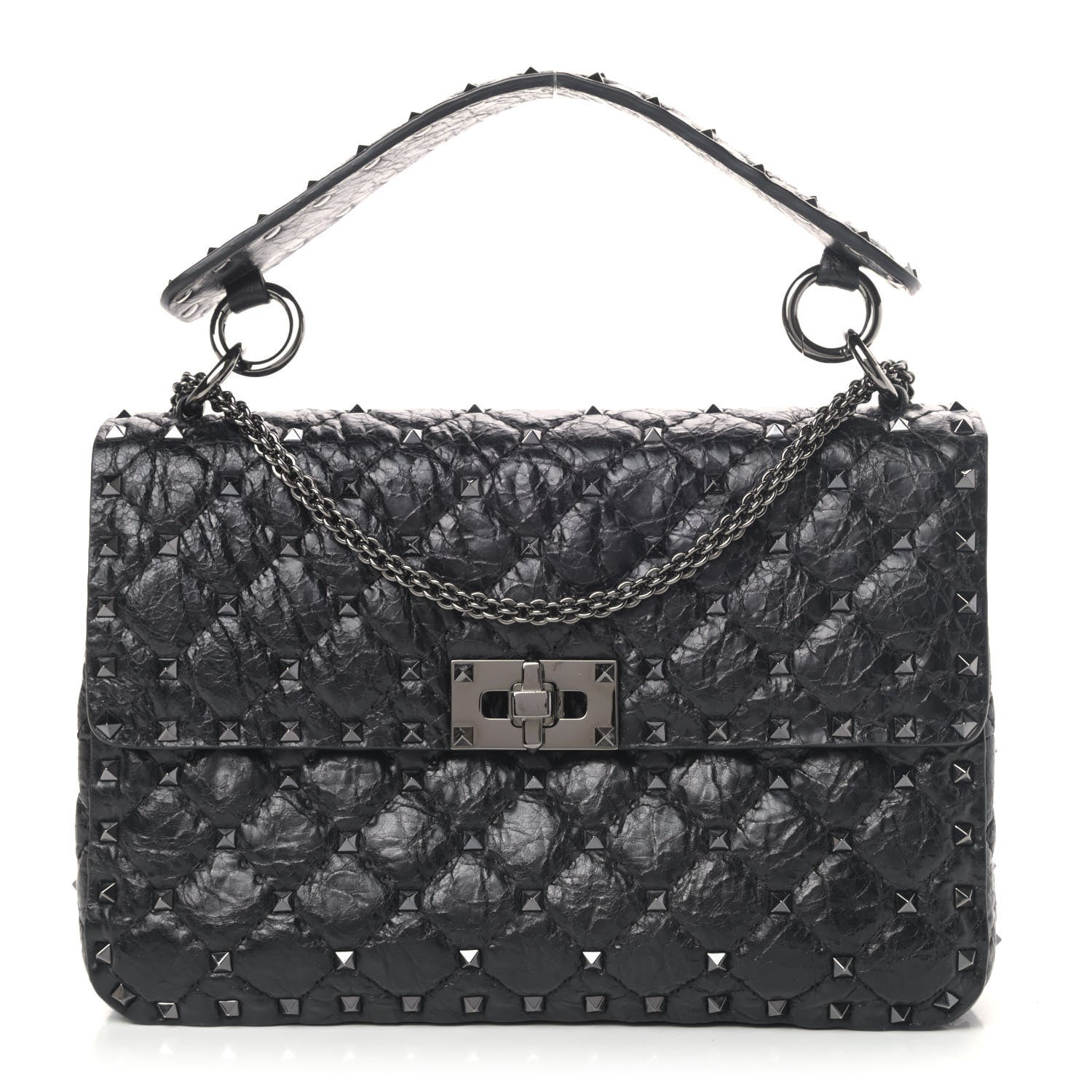 Valentino Garavani Craquele Nappa Medium Rockstud Spike Shoulder Bag Black 1 of 8