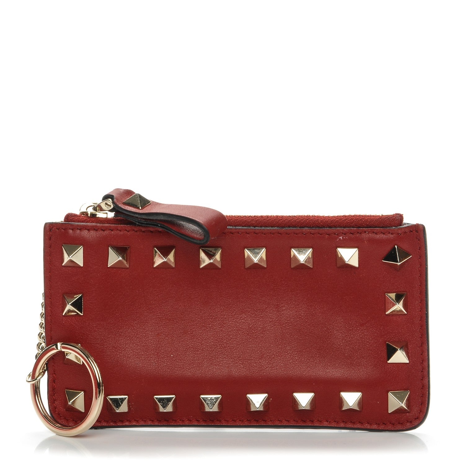 Valentino Garavani Vitello Rockstud Key Coin Case Card Holder Red 1 of 9