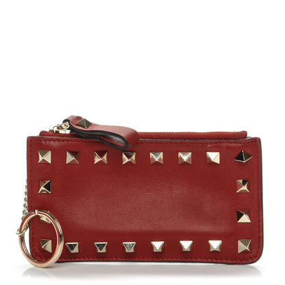 Valentino Garavani Vitello Rockstud Key Coin Case Card Holder Red 1 of 9