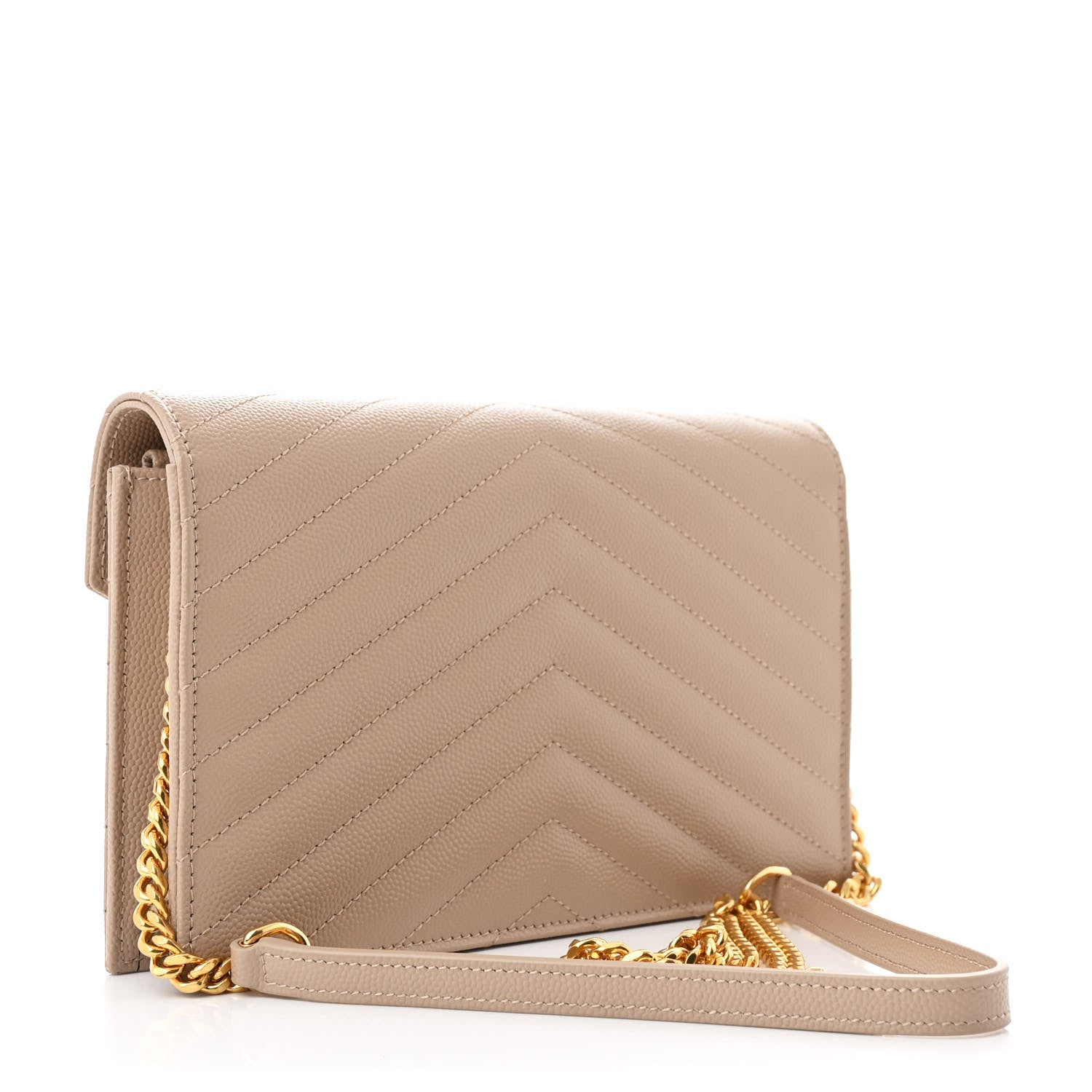 Saint Laurent Grain De Poudre Matelasse Chevron Monogram Envelope Chain Wallet Dark Beige 3 of 11