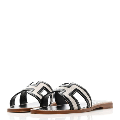 Hermes Calfskin Canvas Oran Sandals 37.5 Black 3 of 10