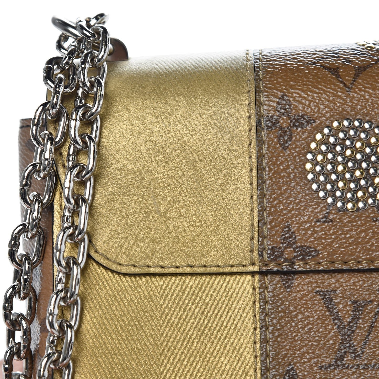 Calfskin Reverse Monogram Studded Twist Shoulder Bag MM Black Gold