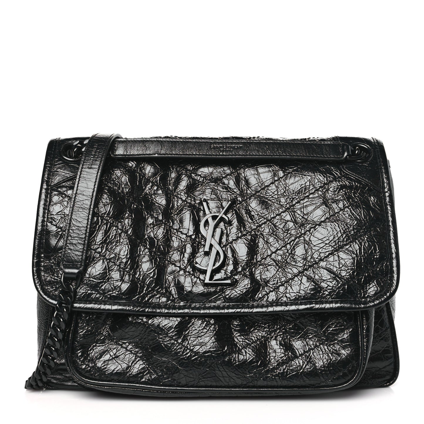 SAINT LAURENT Crinkled Calfskin Matelasse Monogram Medium Niki Chain Satchel Black