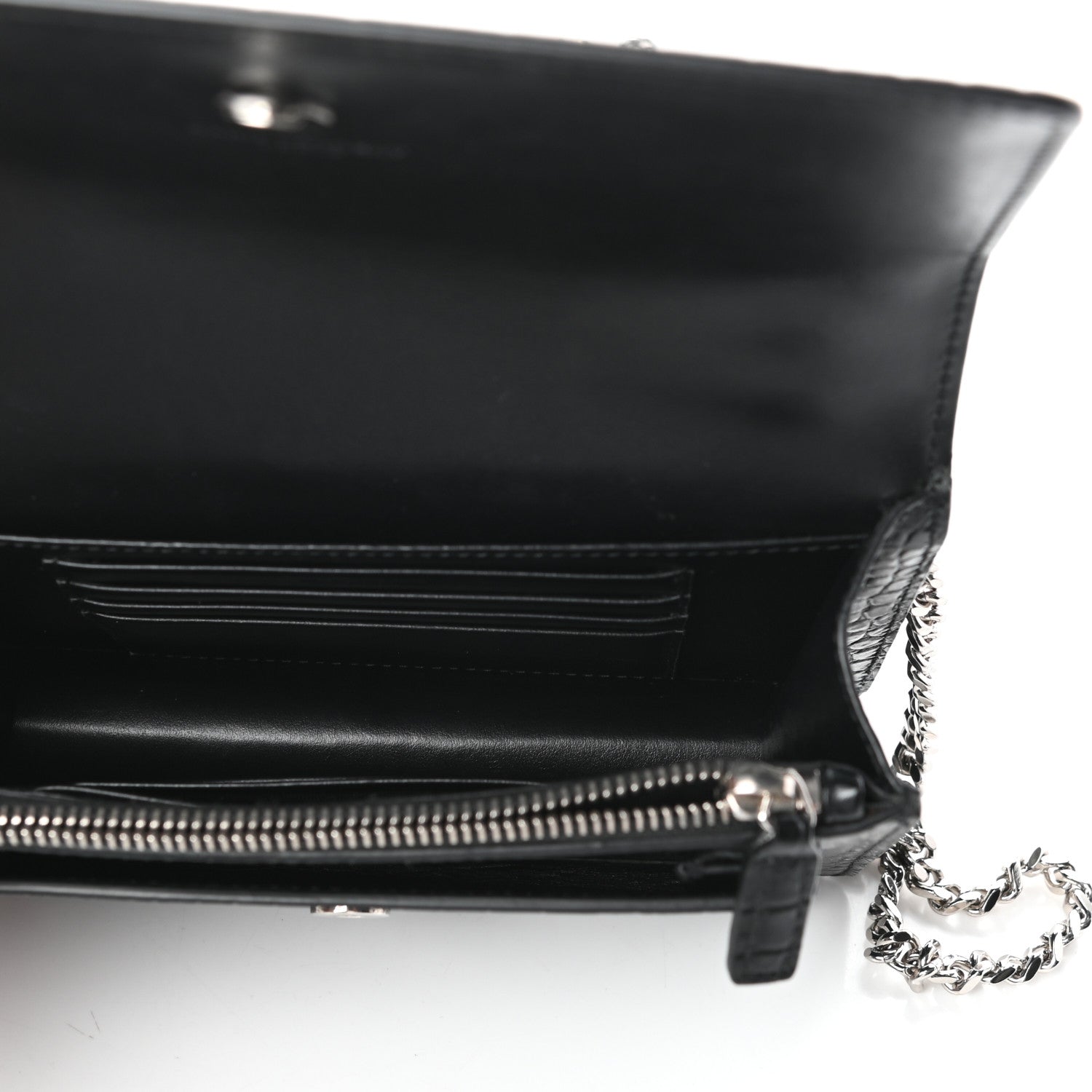 Saint Laurent Calfskin Crocodile Embossed Monogram Sunset Chain Wallet Black 5 of 8