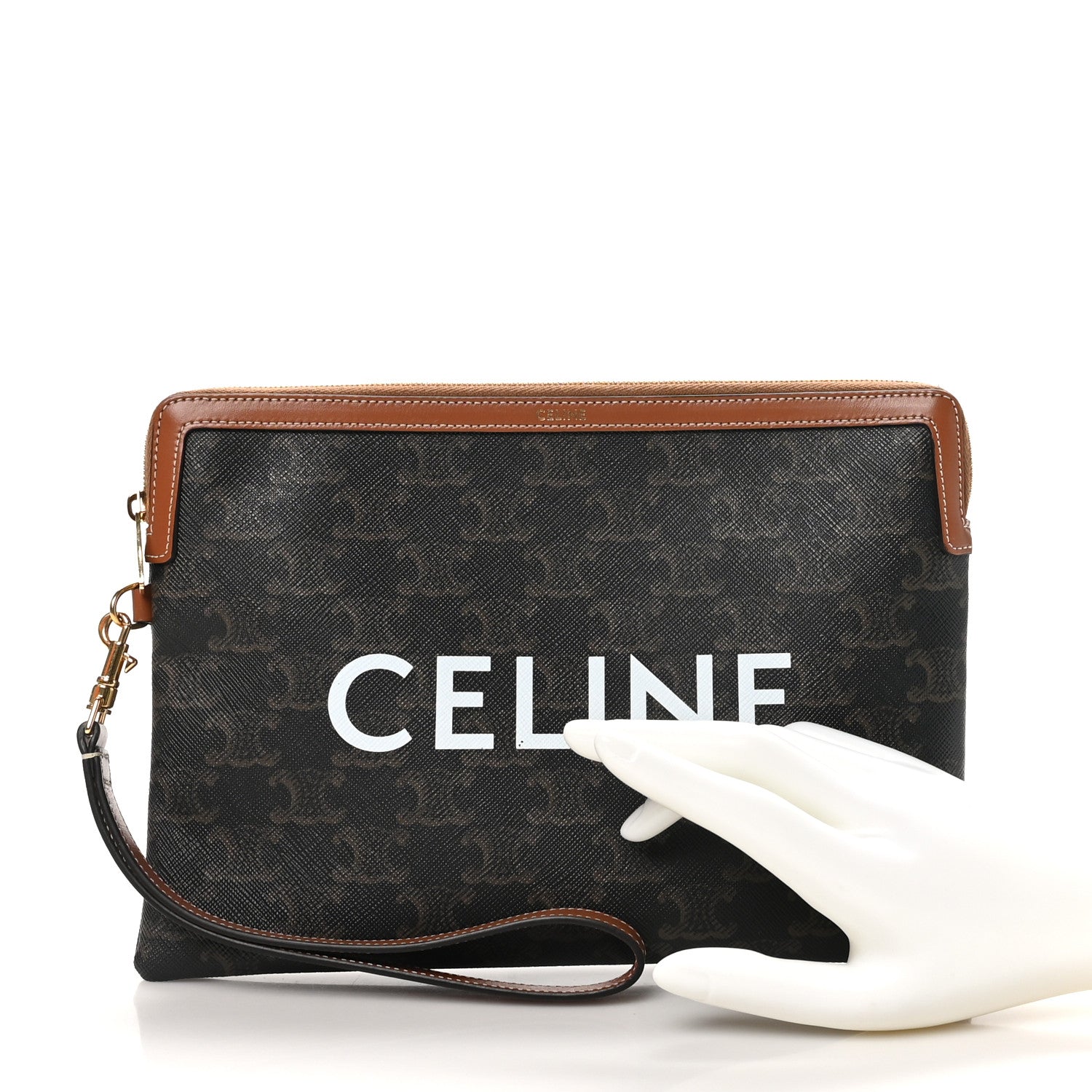 Celine Triomphe Canvas Calfskin Small Pouch Tan 2 of 8
