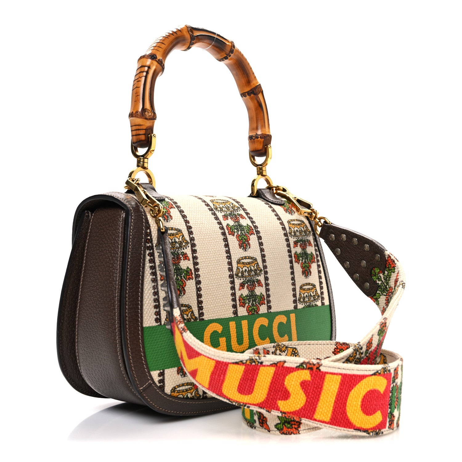 Gucci Canvas Calfskin 100 Centennial Music Medium Bamboo 1947 Top Handle Bag Multicolor 4 of 11
