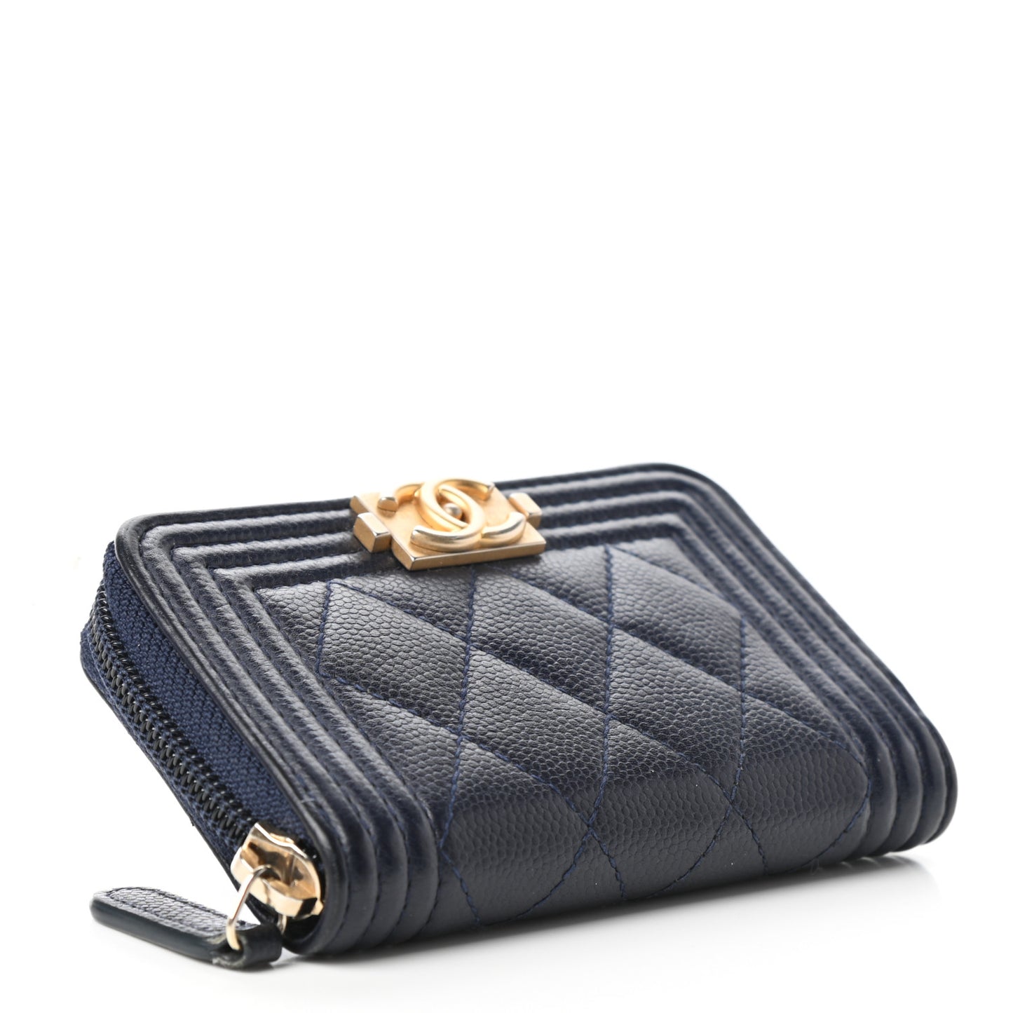 Caviar Quilted Boy Zip Around Coin Purse Wallet Dark Blue