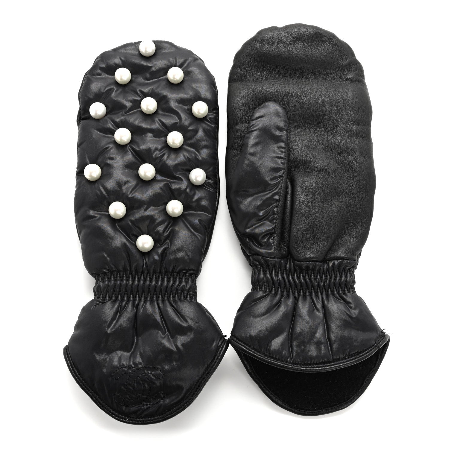 Chanel Lambskin Nylon Pearl CC Mittens 7.5 Black 1 of 5