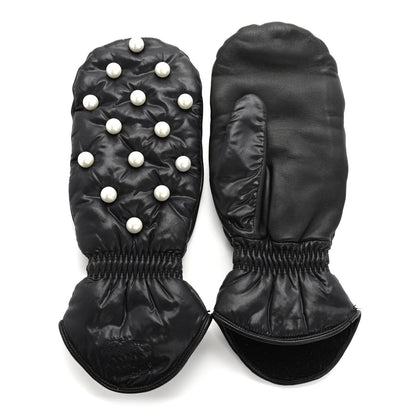 Chanel Lambskin Nylon Pearl CC Mittens 7.5 Black 1 of 5