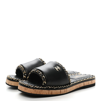 Chanel Lambskin Chain Cork Slide Sandals 36 Black 3 of 9