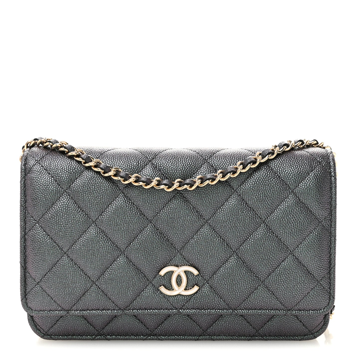 Iridescent Caviar Quilted Wallet On Chain WOC Green
