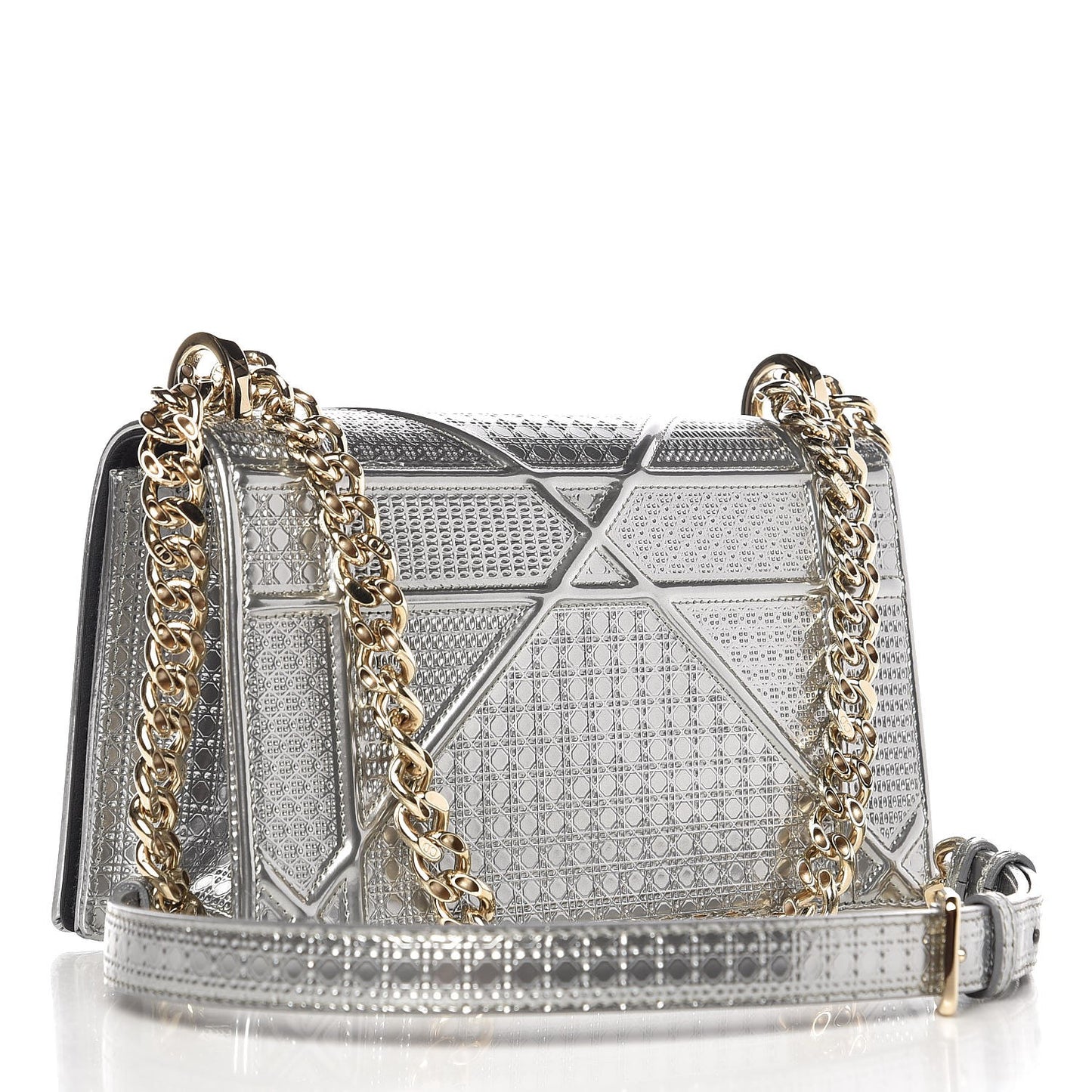 Metallic Patent Micro-Cannage Small Diorama Flap Bag Silver