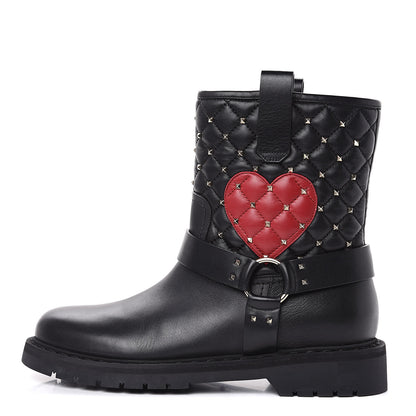 Valentino Garavani Calfskin Nappa Heart Rockstud Spike Biker Boots 38 Black 1 of 9