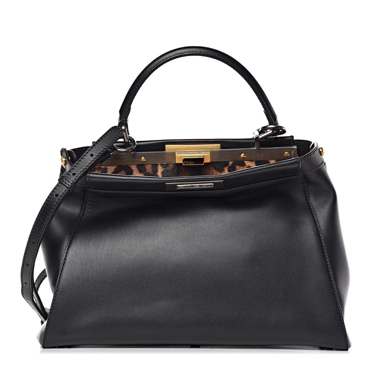 Fendi Calfskin Calf Hair Leopard Print Medium Peekaboo Iconic Satchel Black 1 of 10