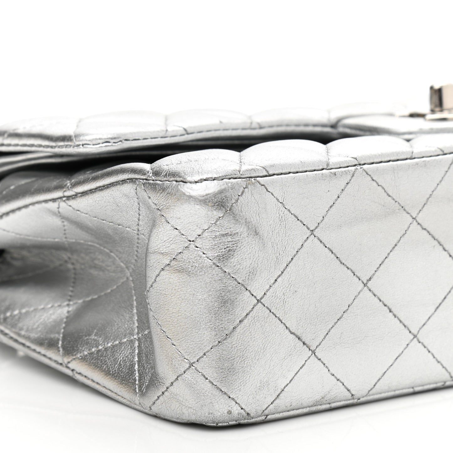 Metallic Lambskin Quilted Medium Double Flap Silver