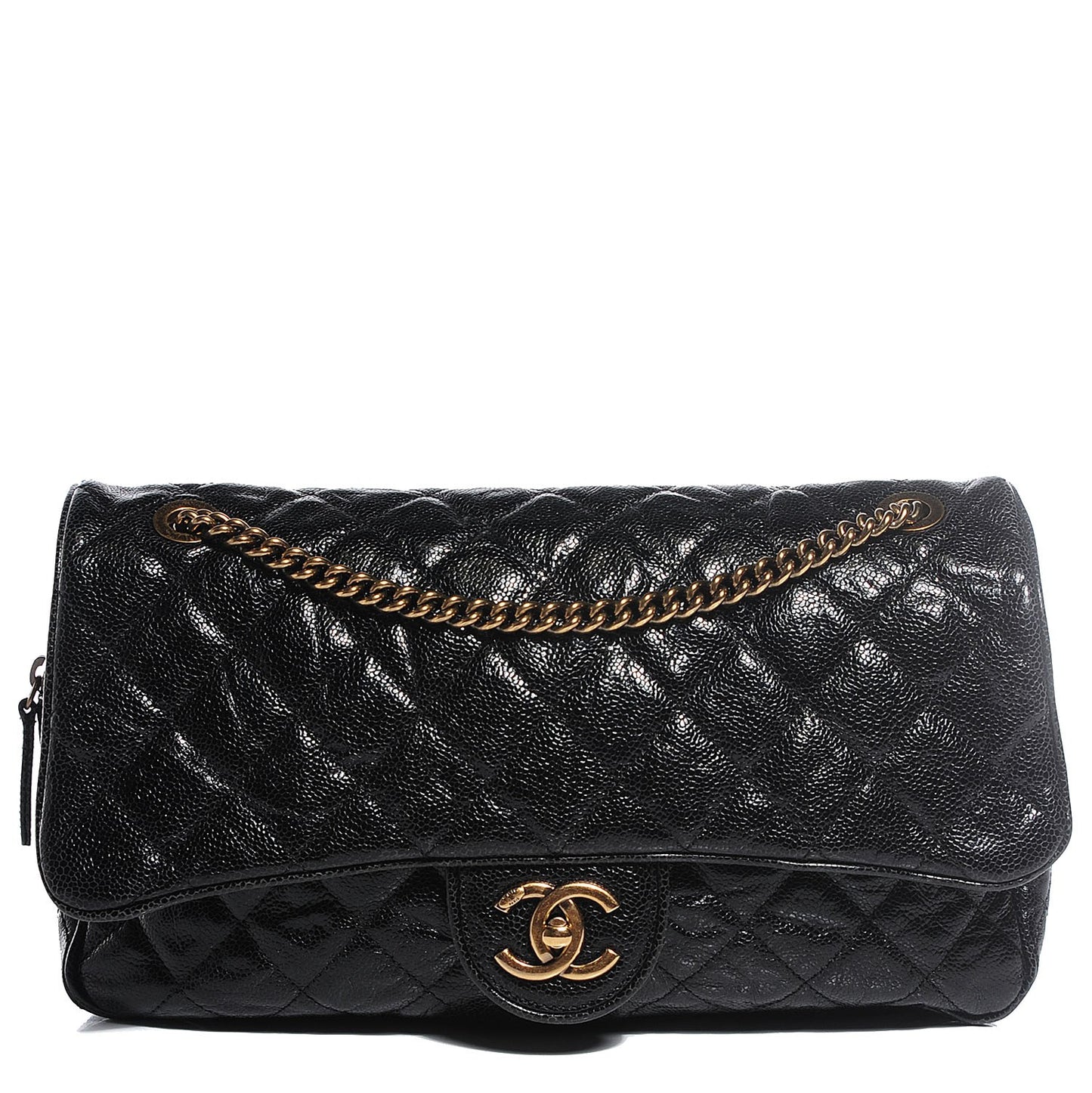 Crumpled Grained Calfskin Quilted Large Shiva Flap Black