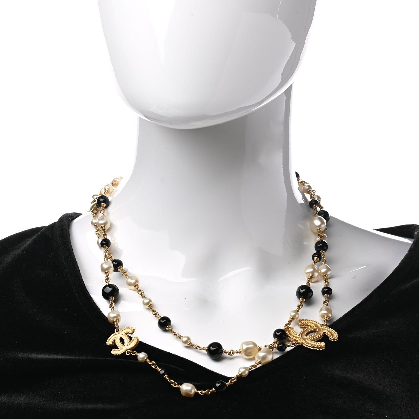 Irregular Pearl Bead CC Long Necklace Black Gold