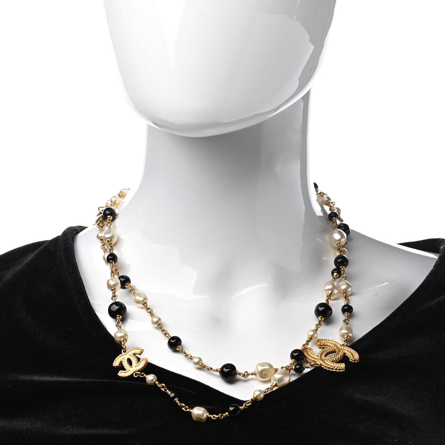 Chanel Irregular Pearl Bead CC Long Necklace Black Gold 2 of 5