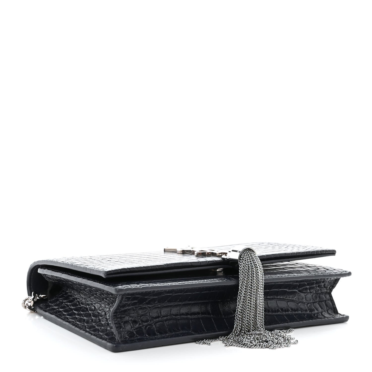 Saint Laurent Calfskin Crocodile Embossed Kate Monogram Tassel Chain Wallet Deep Marine 4 of 11