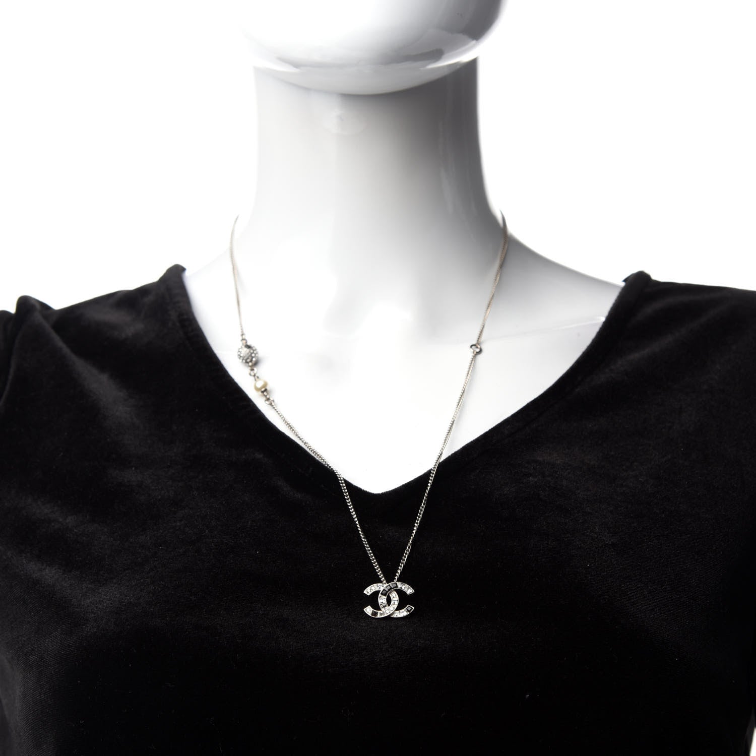 Chanel Baguette Crystal Pearl CC Necklace Silver Black 2 of 7
