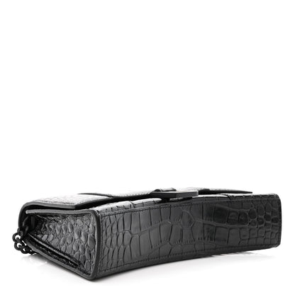 Balenciaga Shiny Calfskin Monochrome Crocodile Embossed Small Hourglass Evening Chain Bag Black 4 of 10