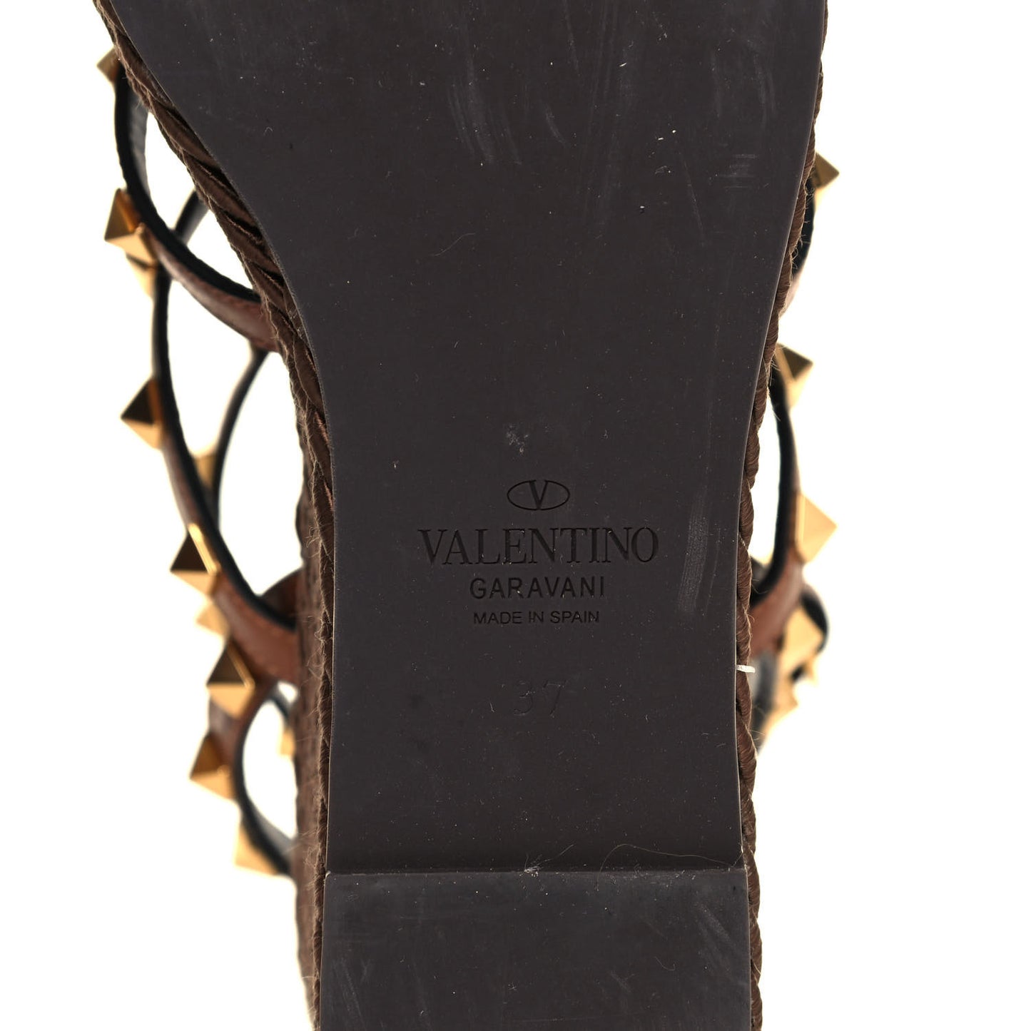Calfskin Rockstud Ankle Strap Torchon Espadrille Caged 25/95mm Wedge Sandals 37 Cuoio