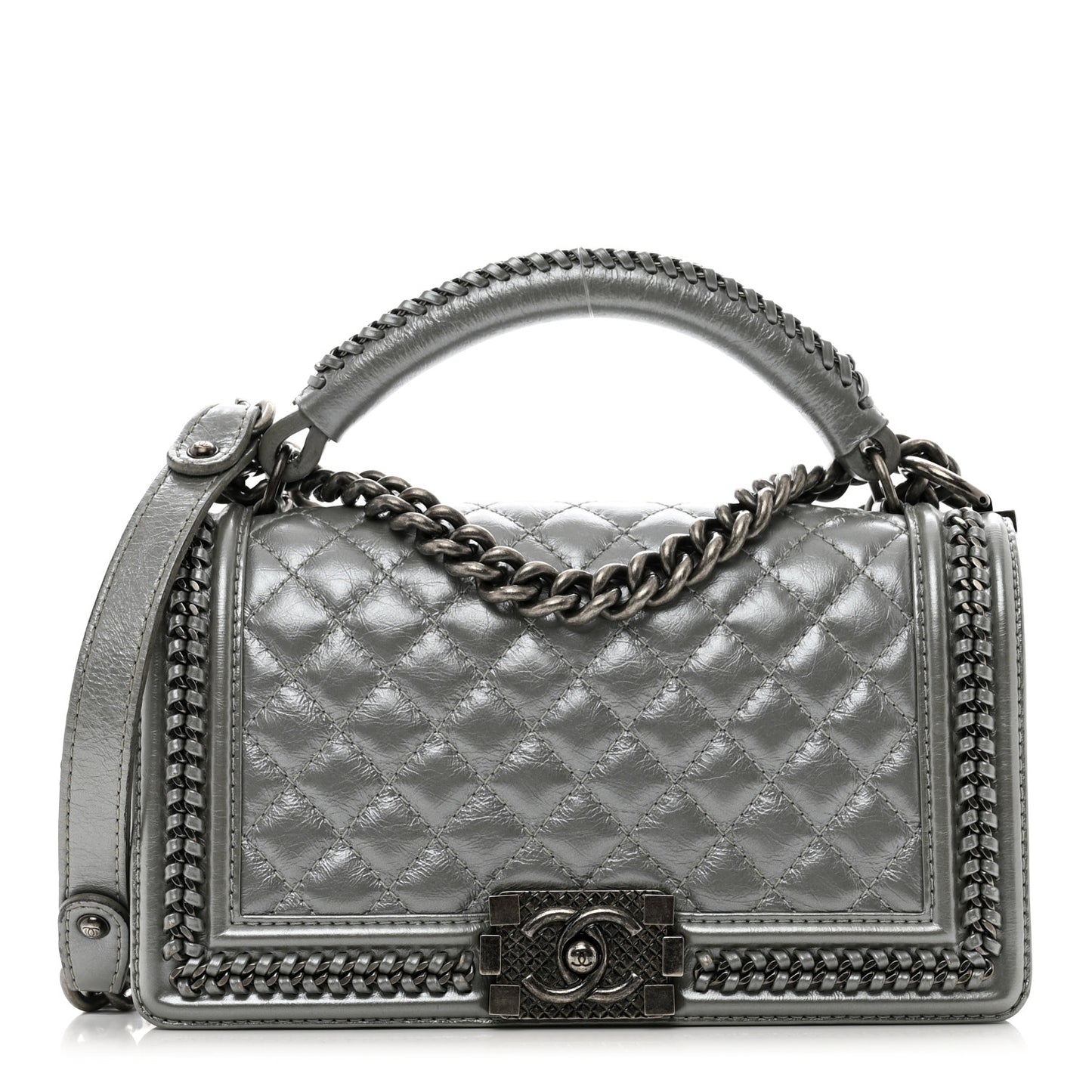 Metallic Aged Calfskin Quilted Medium Top Handle Boy Flap Silver
